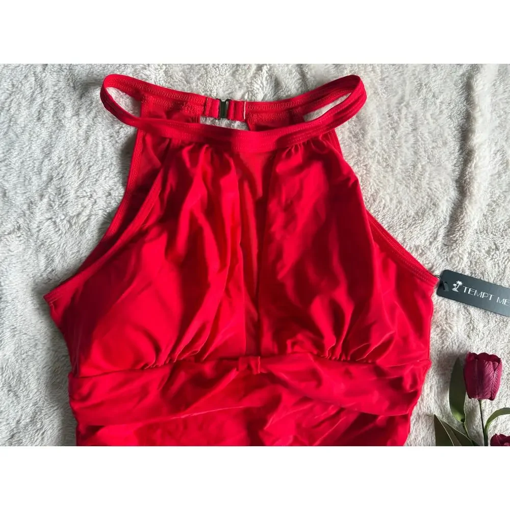 Tempt Me Red One-Piece Deep-V Mesh Swim Suit NWT XL